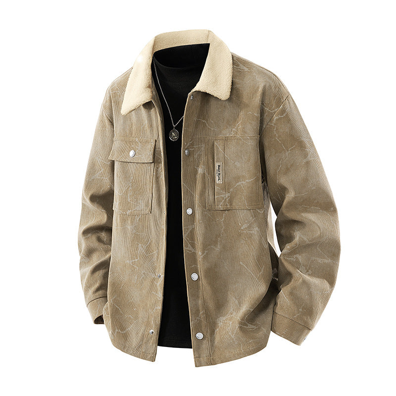 Men's  marbled corduroy sherpa-collar overshirt jacket with flap chest pockets EB