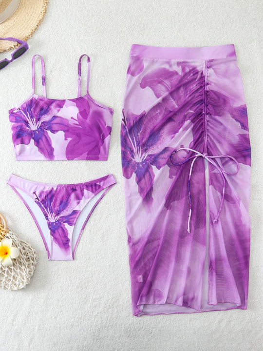 Damen Bikini-Set mit floralem Balconette-Oberteil und transparentem Wickelrock EB