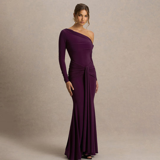 Damen figurbetontes Maxikleid mit asymmetrischem Design und Faltenwurf EB