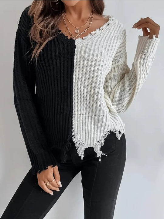 Damen Lässiger Strickpullover mit asymmetrischem Design und Fransen EB