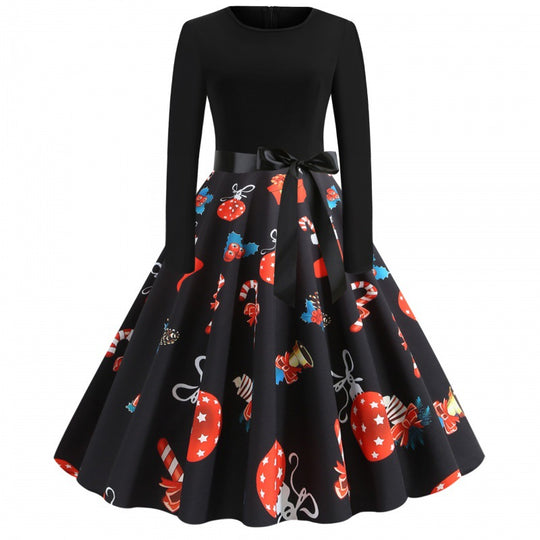 Damen Retro Swingkleid mit Jersey‑Oberteil, taillierter Satin‑Schärpe und festlichem Print EB
