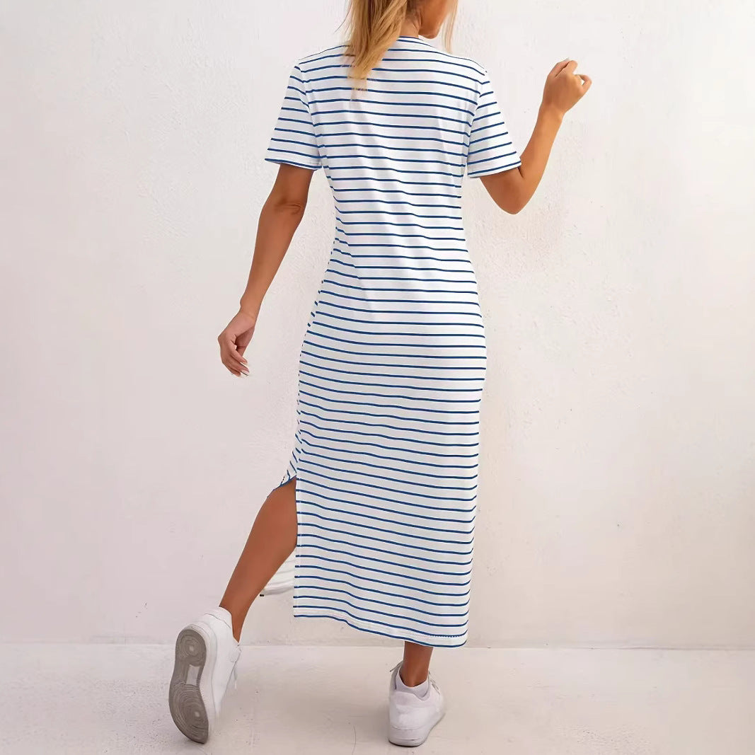 Damen Maxikleid mit seitlichen Schlitzen und gestreiftem Design EB