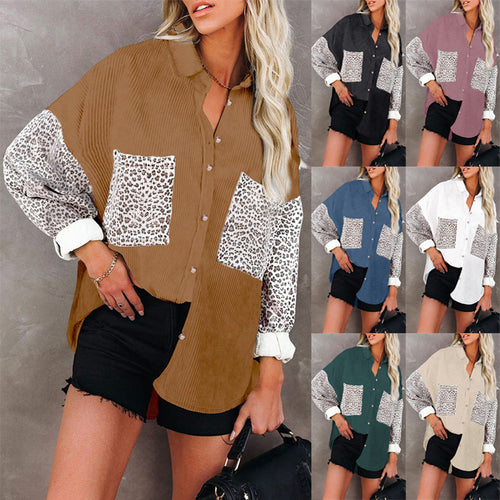 Damen nan oversized Hemdbluse mit Strukturstoff, Kontrastärmeln im Leo-Print und aufgesetzten Taschen EB
