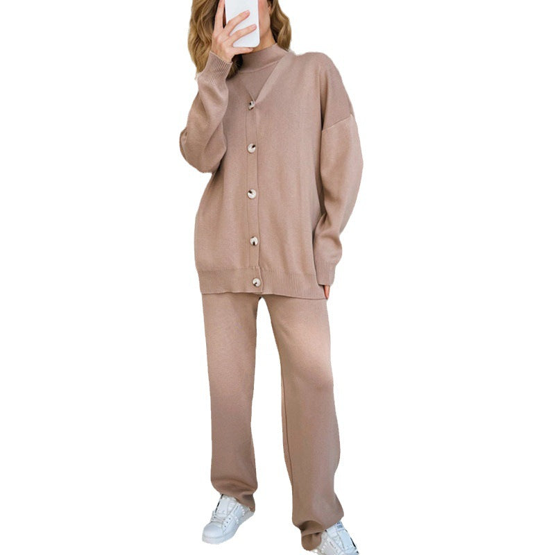 Damen elegantes Strick-Lounge-Set mit hohem Kragen und weiter Passform EB