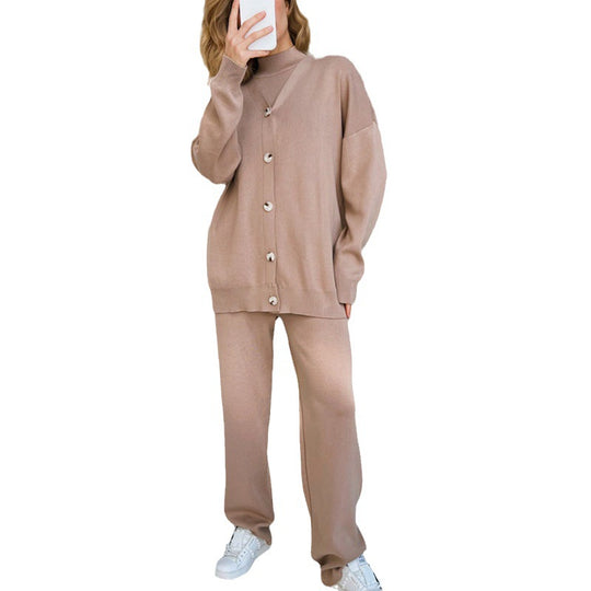 Damen elegantes Strick-Lounge-Set mit hohem Kragen und weiter Passform EB