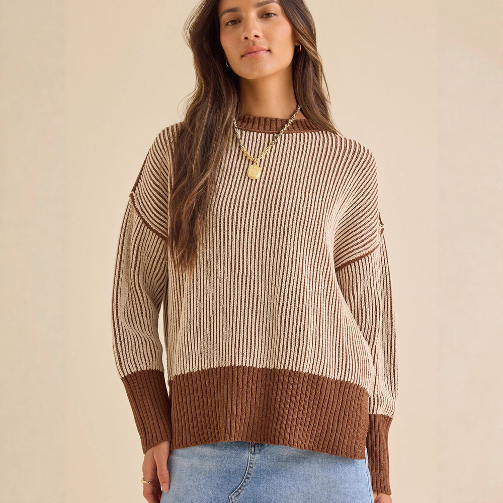 Damen lässiger Strickpullover mit modernem Rippenmuster und überschnittenen Schultern EB