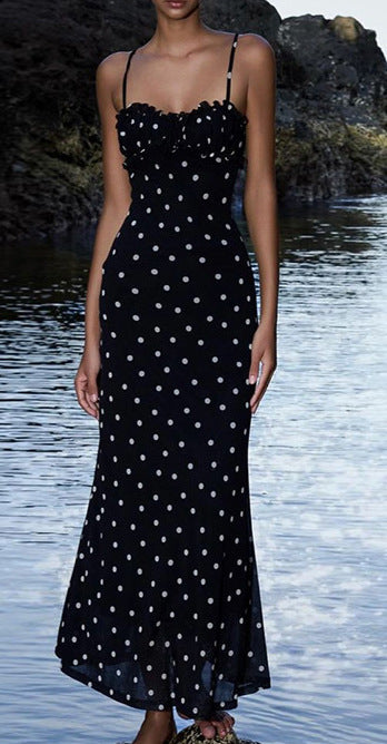 Damen Maxikleid mit Rüschen und Punkten EB