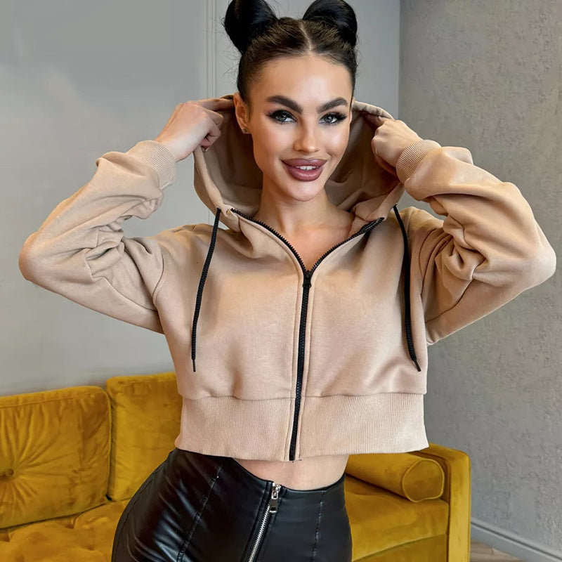 Damen Cropped Kapuzenjacke mit kurzem Reißverschluss und breitem Rippbund EB