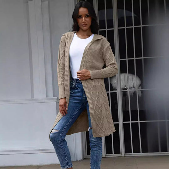 Damen Strickjacke mit Kapuze und eleganten Zopfmuster EB