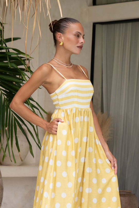 Damen Maxikleid mit verspieltem Streifendesign und großen Punkten EB
