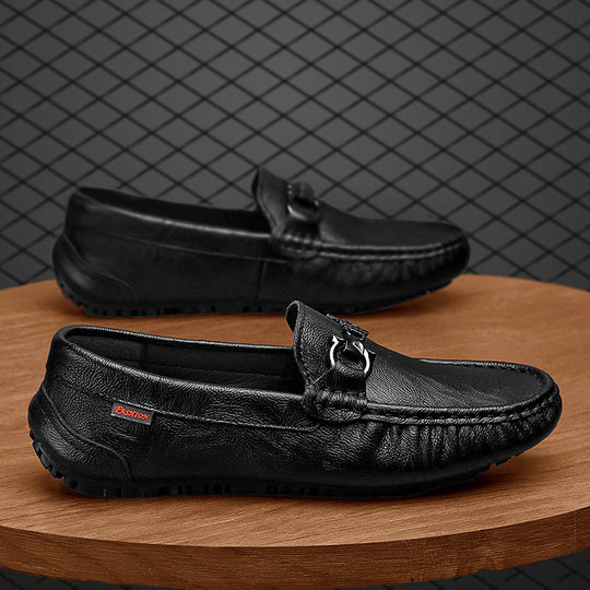 Herren eleganter Mokassin‑Loafer aus softem Kunstleder mit dekorativer Metallschnalle und profilierter Gummilaufsohle EB