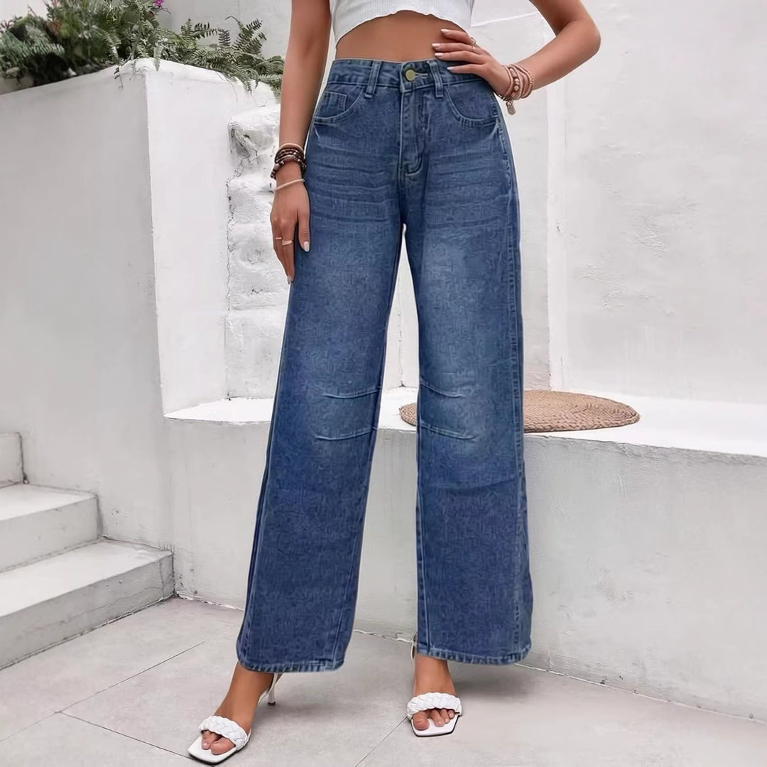Damen nan High-Waist weite Denim-Hose mit ausgestelltem Bein und tonalen Knie-Abnähern EB