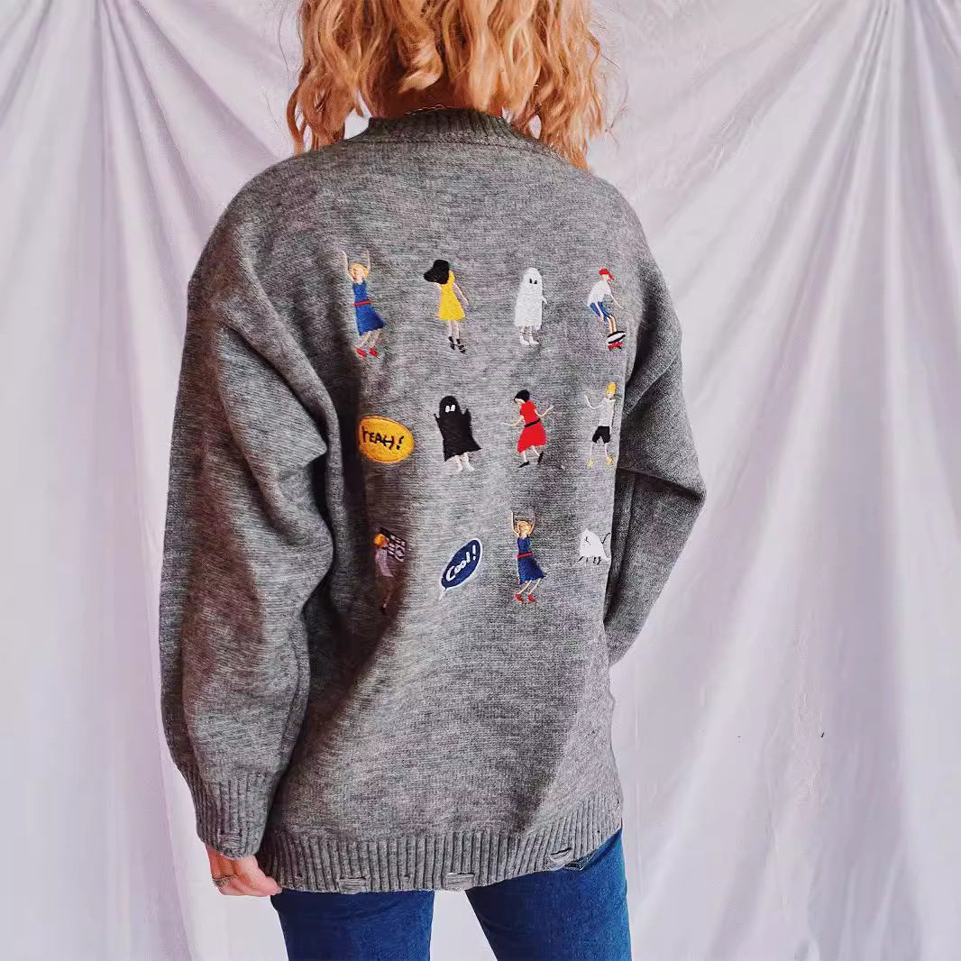 Damen pullover mit bunten Stickmotiven und lässigem Schnitt EB