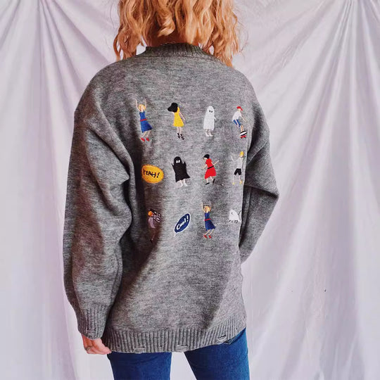 Damen pullover mit bunten Stickmotiven und lässigem Schnitt EB