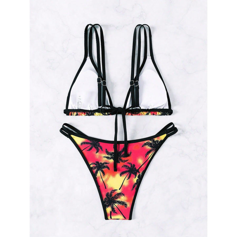 Damen Triangel-Bikini mit doppelten Trägern und trendigem Palmendruck EB