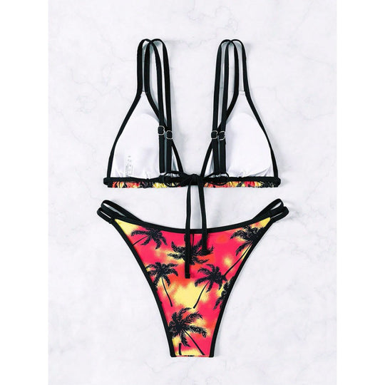 Damen Triangel-Bikini mit doppelten Trägern und trendigem Palmendruck EB