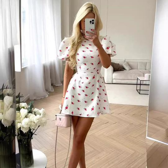 Damen Minikleid mit Puffärmeln und floralem Muster EB