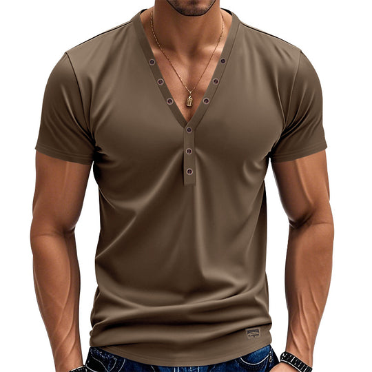 Herren Kurzarm Henley-T-Shirt mit modischem V-Ausschnitt und dekorativen Knöpfen EB