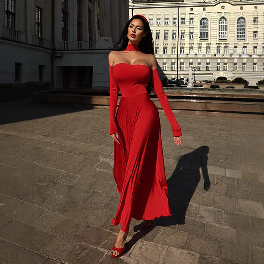 Damen Elegantes Off-Shoulder Maxikleid mit raffinierten langen Ärmeln EB