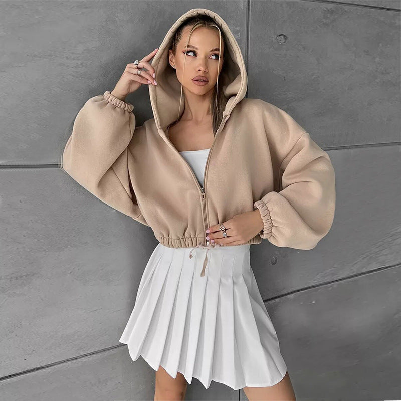 Damen nan kurzes Oversize-Kapuzensweatshirt mit Halbzip und Kordelzugbund EB