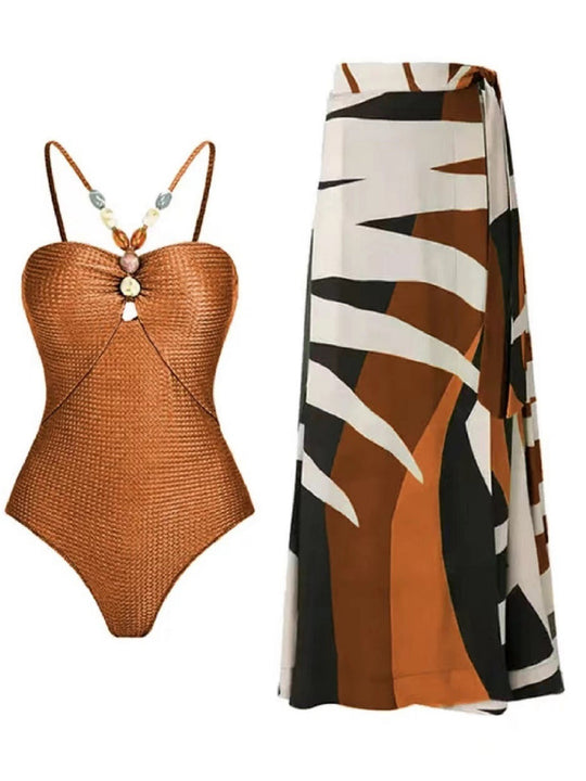 Damen Badeanzug mit trendigem Cut-Out und elegantem Wickelrock EB