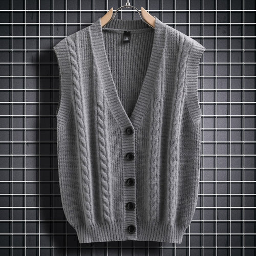 Herren ärmellose Strickjacke mit Zopfmuster und Knopfdetails EB