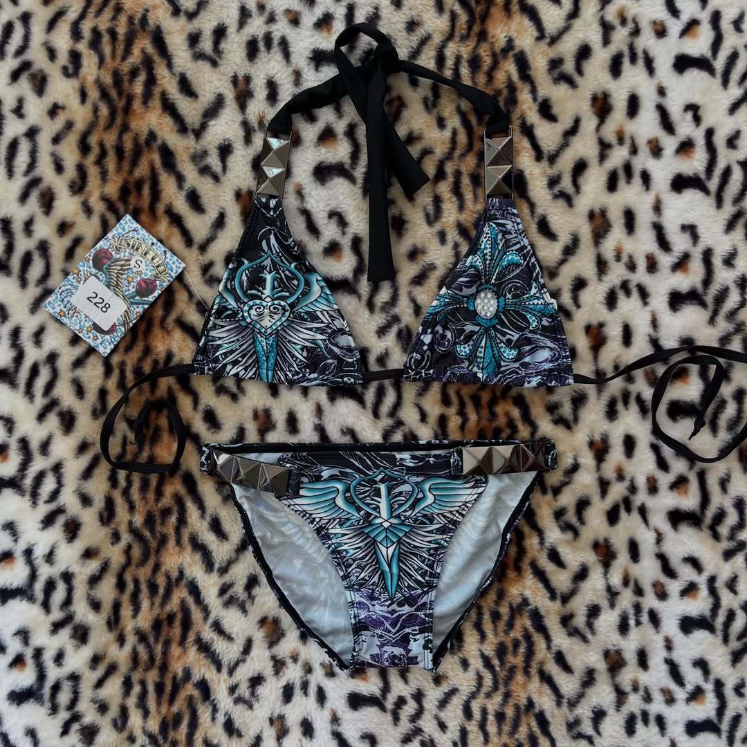Damen Triangel-Bikini mit floralem Muster und Strass-Applikationen EB