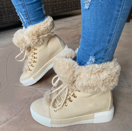 Damen Sportliche High-Top Sneaker mit flauschigem Kunstfellkragen EB
