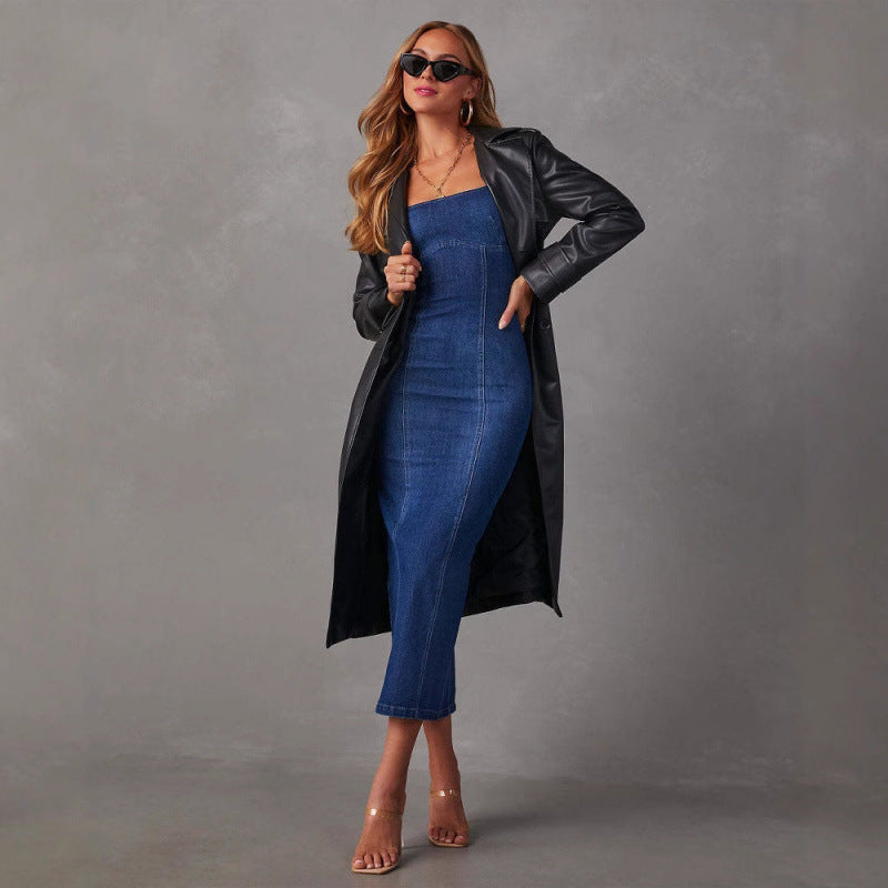 Damen Jeans-Midikleid mit schmalem Schnitt und Spaghettiträgern EB