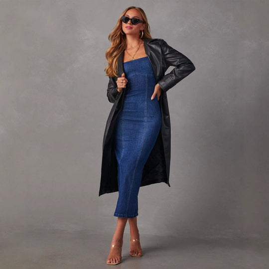 Damen Jeans-Midikleid mit schmalem Schnitt und Spaghettiträgern EB