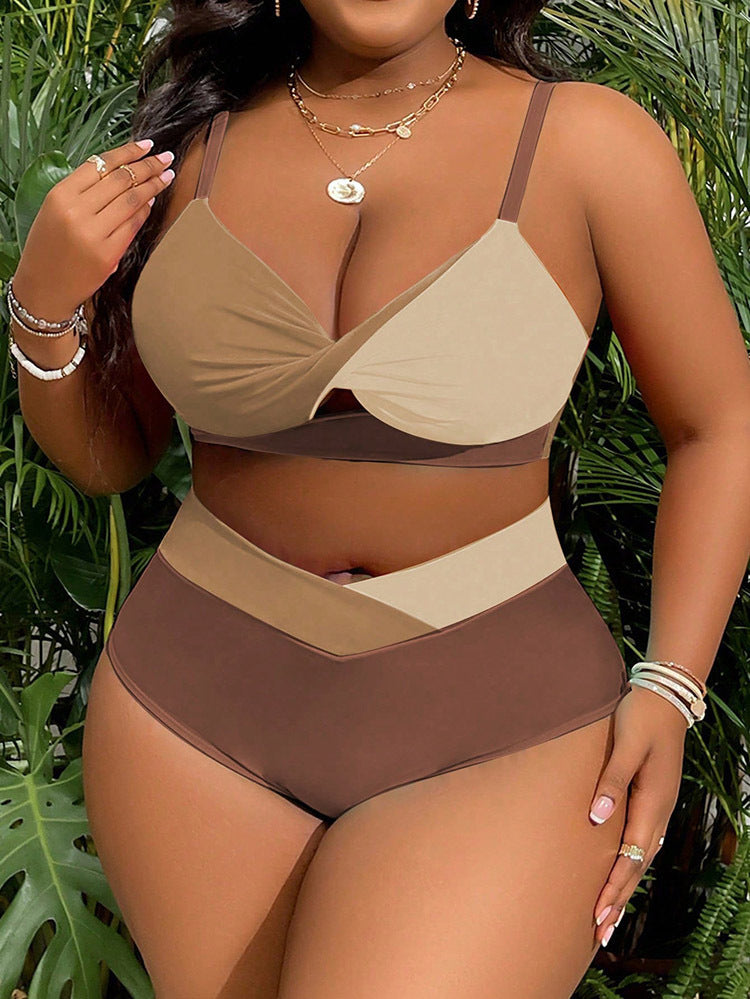 Damen Hochtailliertes Bikini-Set mit modischem Farbblock-Design EB