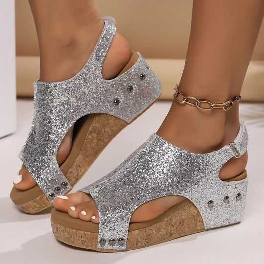 Damen Komfortable Wedge-Pantoletten mit verstellbaren Riemen EB