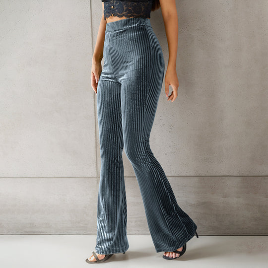 Damen elegante Flare-Hose aus samtigem Material mit feinem Streifenmuster EB