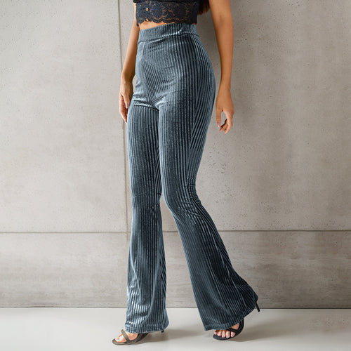 Damen elegante Flare-Hose aus samtigem Material mit feinem Streifenmuster EB