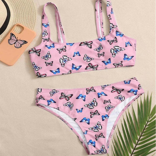 Damen Crop-Bikini-Set mit buntem Schmetterlingsdruck EB