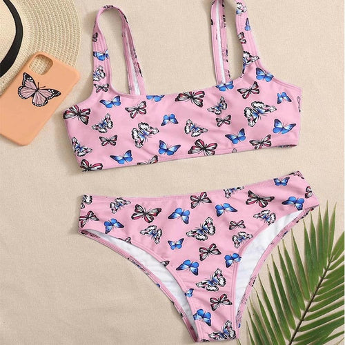 Damen Crop-Bikini-Set mit buntem Schmetterlingsdruck EB