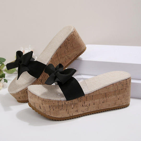 Damen Plateau-Pantoletten mit elegantem Schleifen-Design und komfortabler Korksohle EB