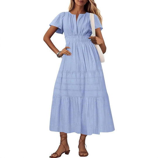 Damen Maxikleid mit modischem V-Ausschnitt und luftigen Rüschen EB
