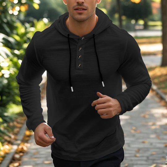 Herren nan lässiger Kapuzenpullover im Henley‑Stil mit Knopfleiste und verstellbarem Kordelzug EB