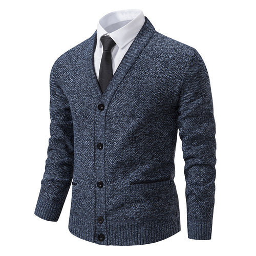 Herren nan melierter Strukturstrick-Cardigan mit V-Ausschnitt, Kontrastkanten und aufgesetzten Taschen EB