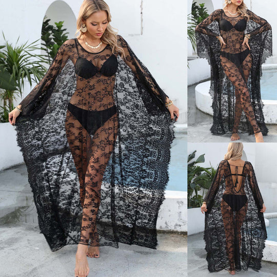 Damen transparenter Häkel-Kaftan EB