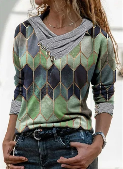 Damen modisches Langarmshirt mit V-Ausschnitt und dekorativen Knopfdetails EB