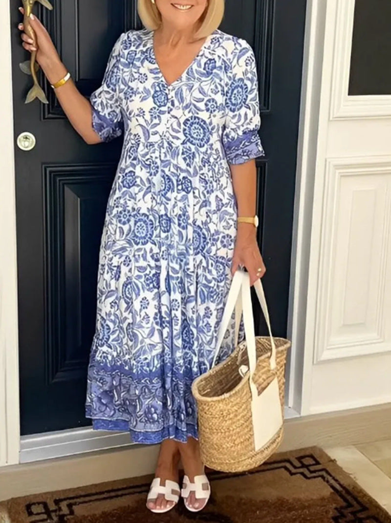 Damen Maxikleid mit raffiniertem Volant und floralem Design Heidi-Mode