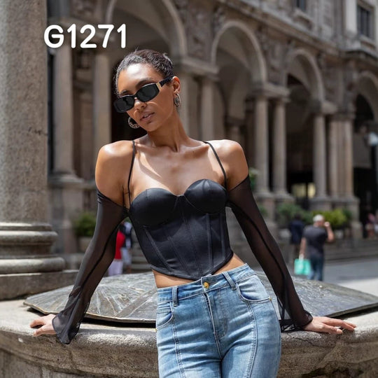 Damen Elegante Corsage-Bluse mit transparenten Ärmeln EB