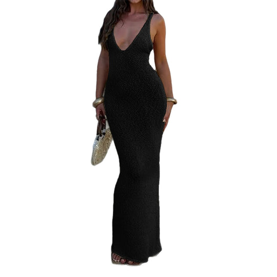 Damen Elegantes Maxikleid mit tiefem V-Ausschnitt und figurbetonter Silhouette EB