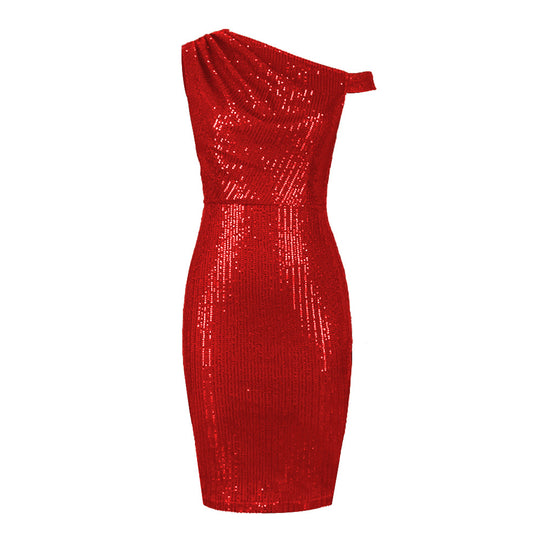 Damen Figurbetontes Pailletten-Kleid mit asymmetrischem Ausschnitt EB