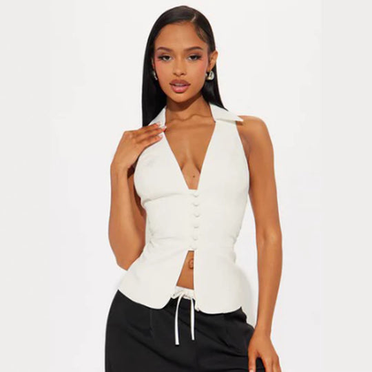 Damen elegant geschnittenes Wickeloberteil mit Knopfleiste und Kragen EB