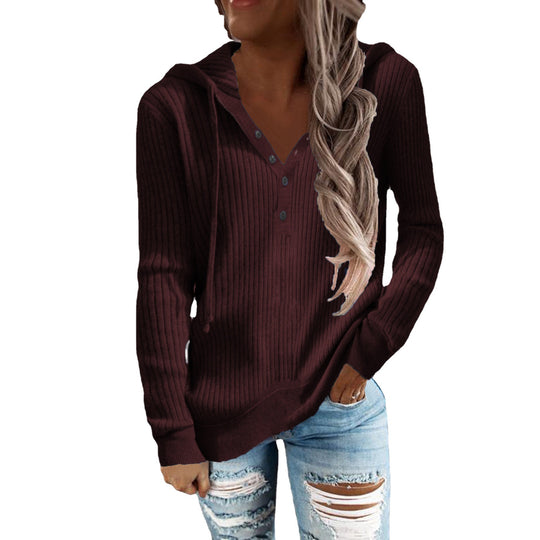 Damen Kapuzenpullover im modischen Rippdesign mit Knopfleiste EB