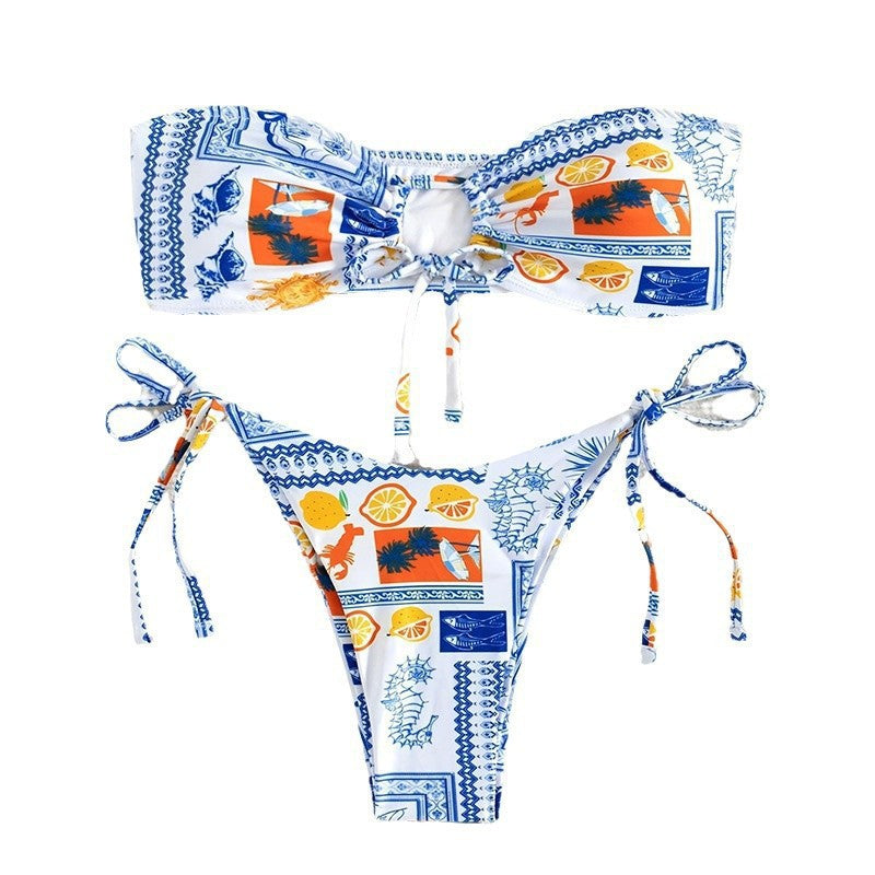 Damen Bandeau-Bikini mit verspieltem Muster EB
