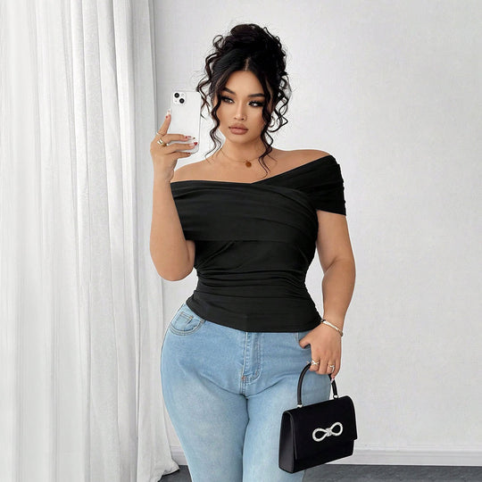 Damen elegantes Wickeloberteil mit schulterfreiem Design und Raffung EB